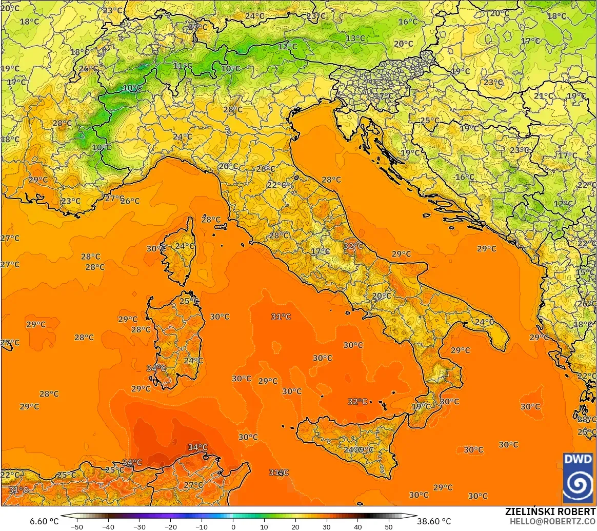 ICON modelo - Italia, Temperatura a 2 m