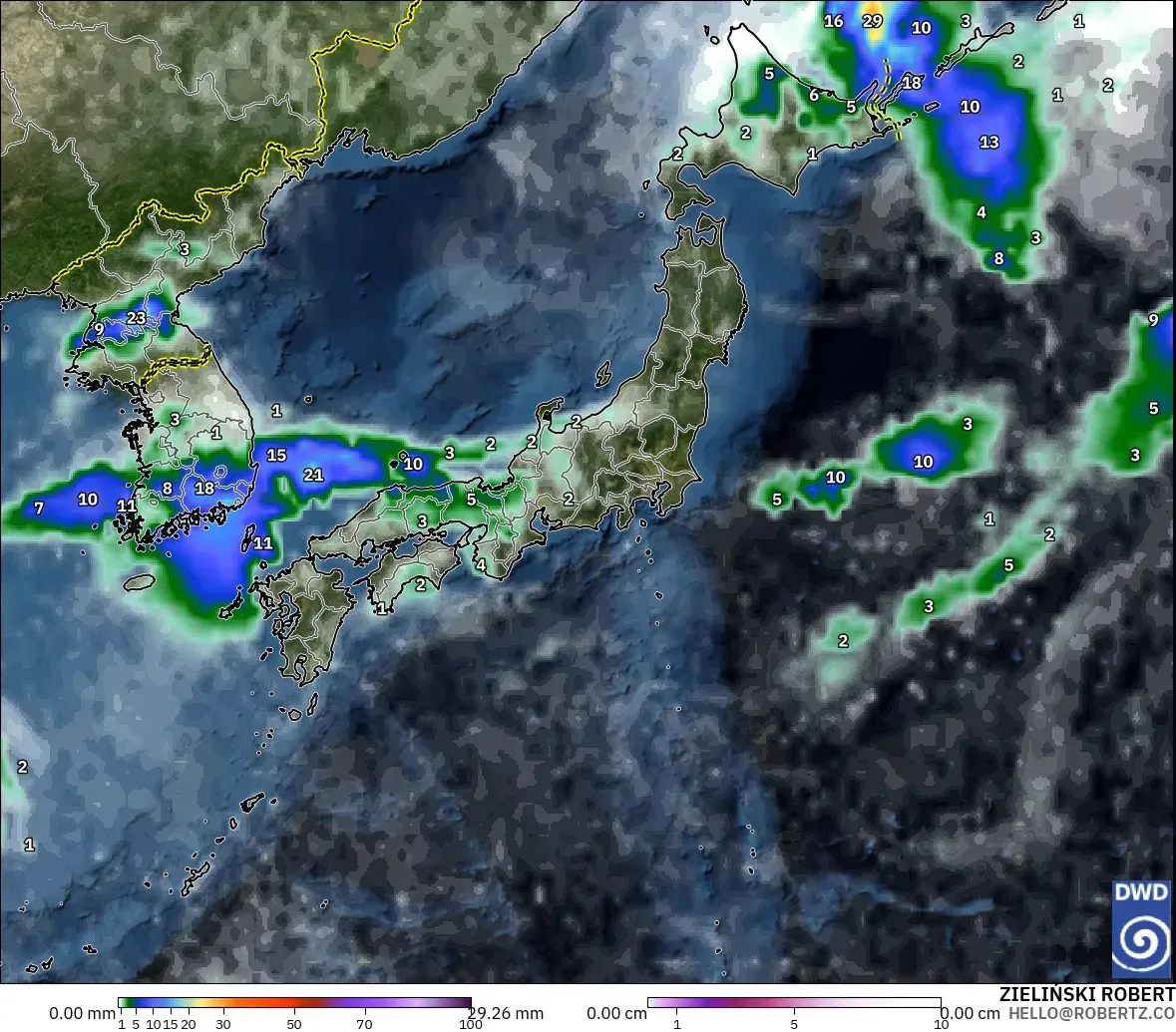 ICON modelo - Japón, Precipitación, nubes y presión