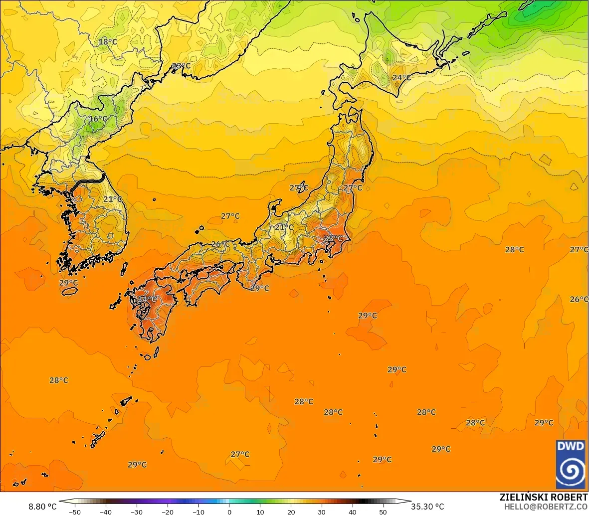 ICON modelo - Japón, Temperatura a 2 m