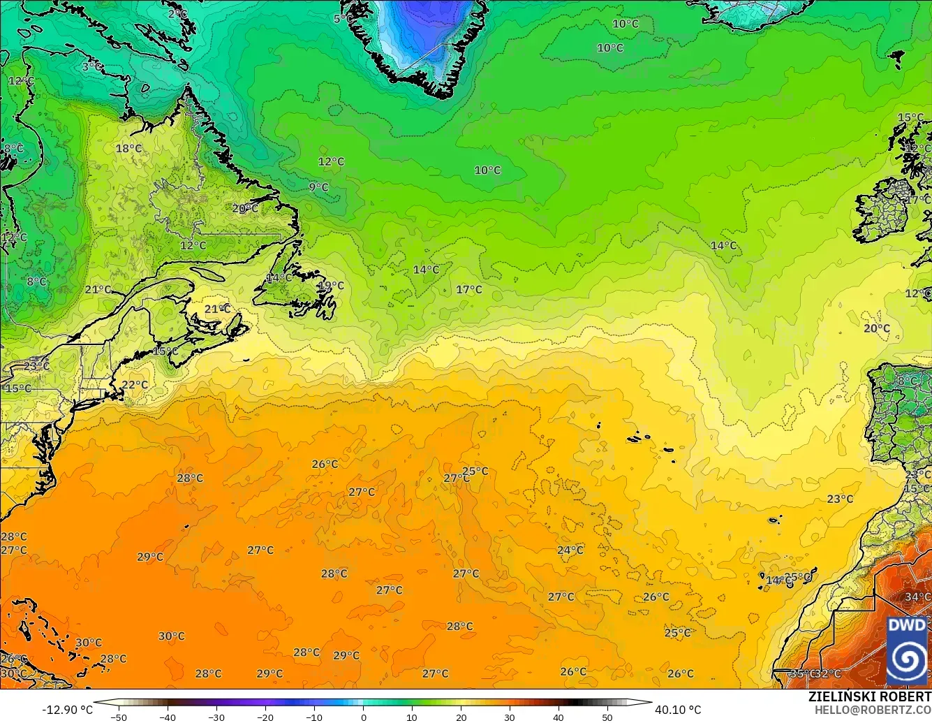 ICON modelo - Norte Atlántico, Temperatura a 2 m