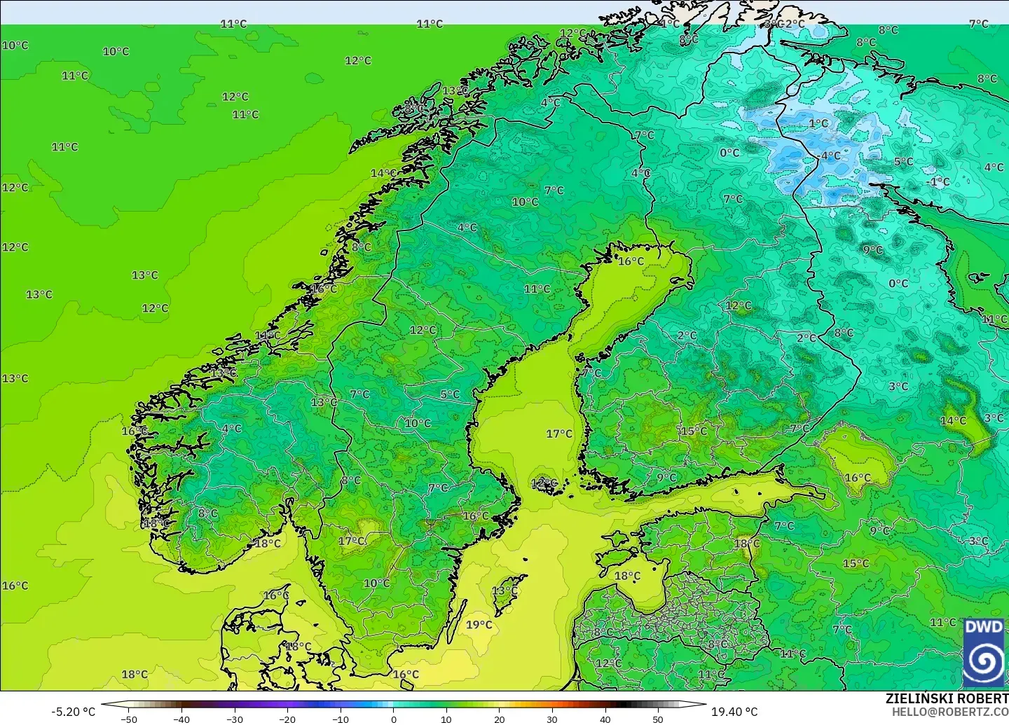 ICON modelo - Escandinavia, Temperatura a 2 m