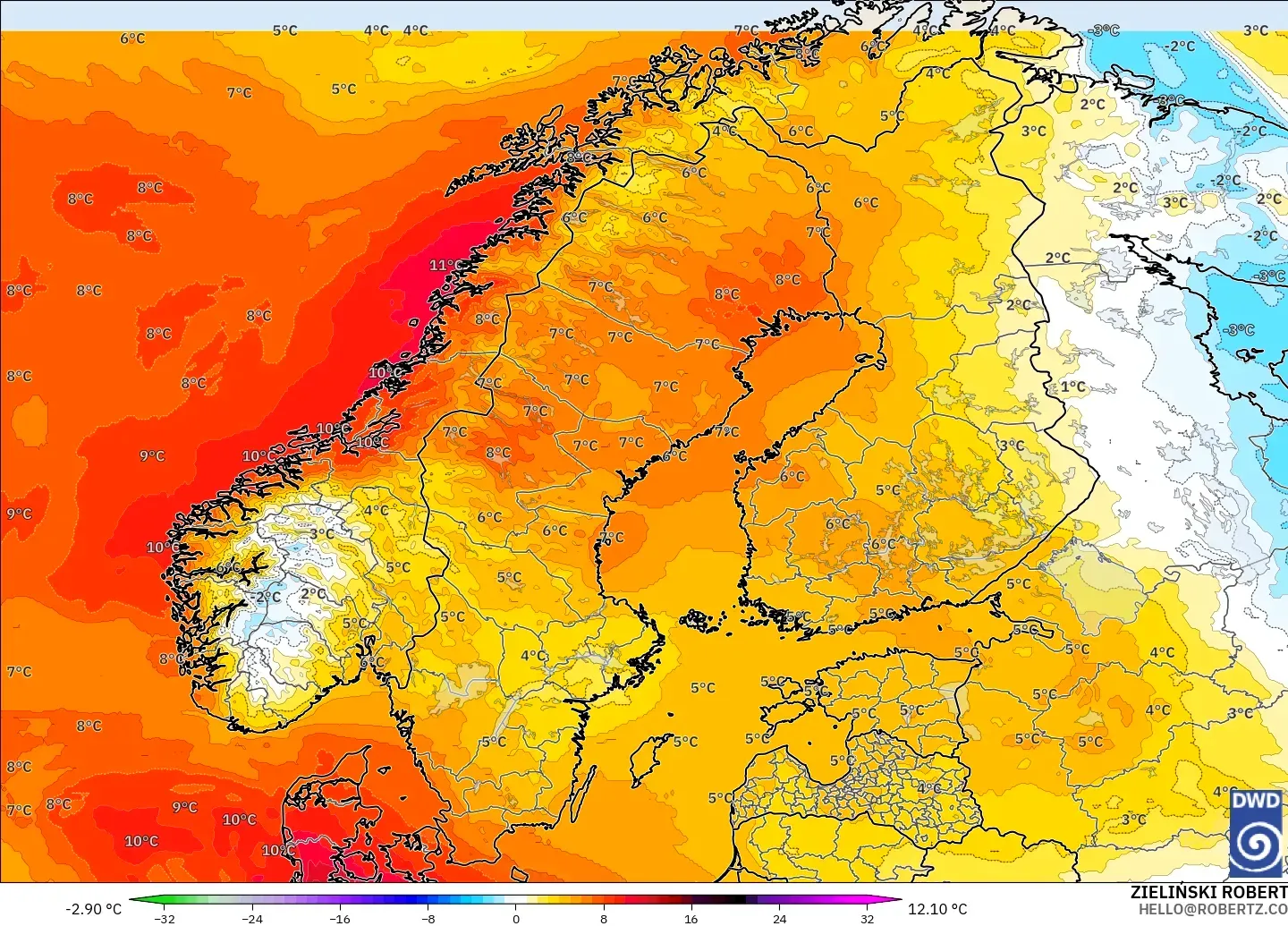 ICON modelo - Escandinavia, Anomalía de temperatura a 850 hPa