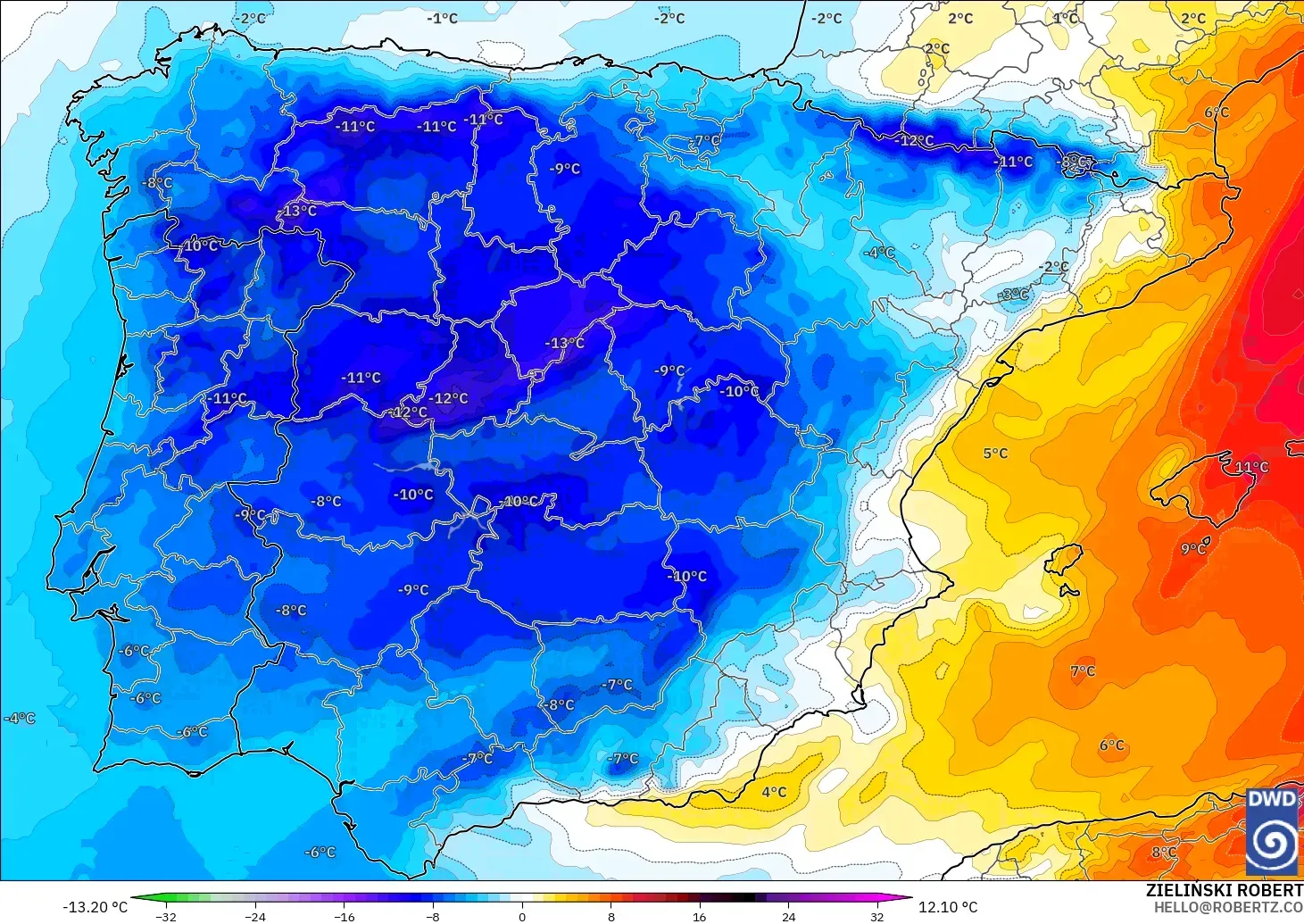 ICON modelo - España, Anomalía de temperatura a 850 hPa