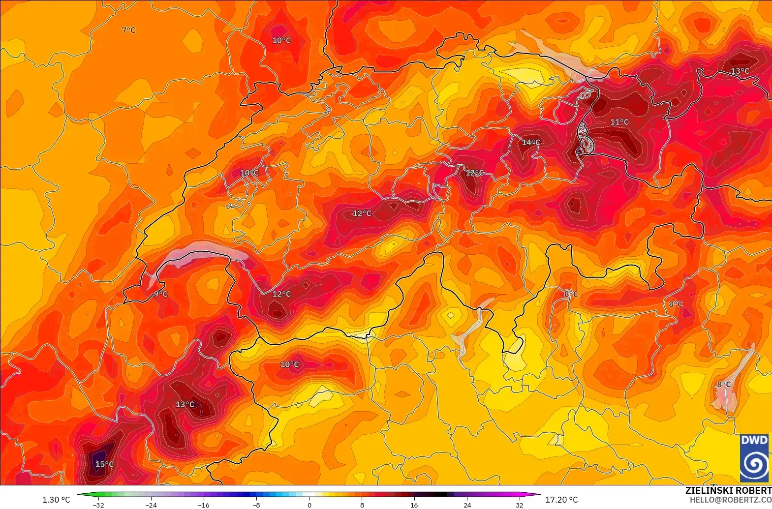 ICON modelo - Suiza, Anomalía de temperatura a 2 m
