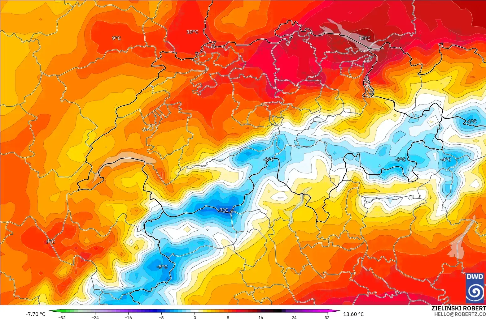 ICON modelo - Suiza, Anomalía de temperatura a 850 hPa