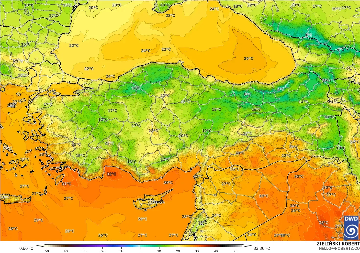 ICON modelo - Turquía, Temperatura a 2 m