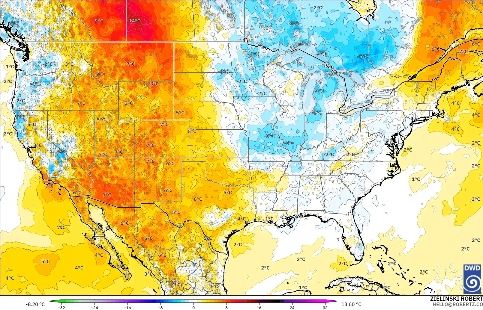 ICON modelo - Estados Unidos, Anomalía de temperatura a 2 m