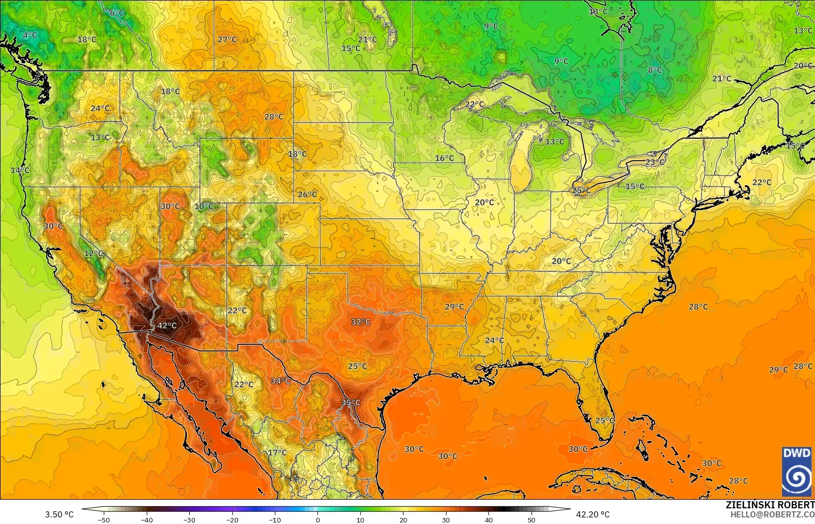 ICON modelo - Estados Unidos, Temperatura a 2 m