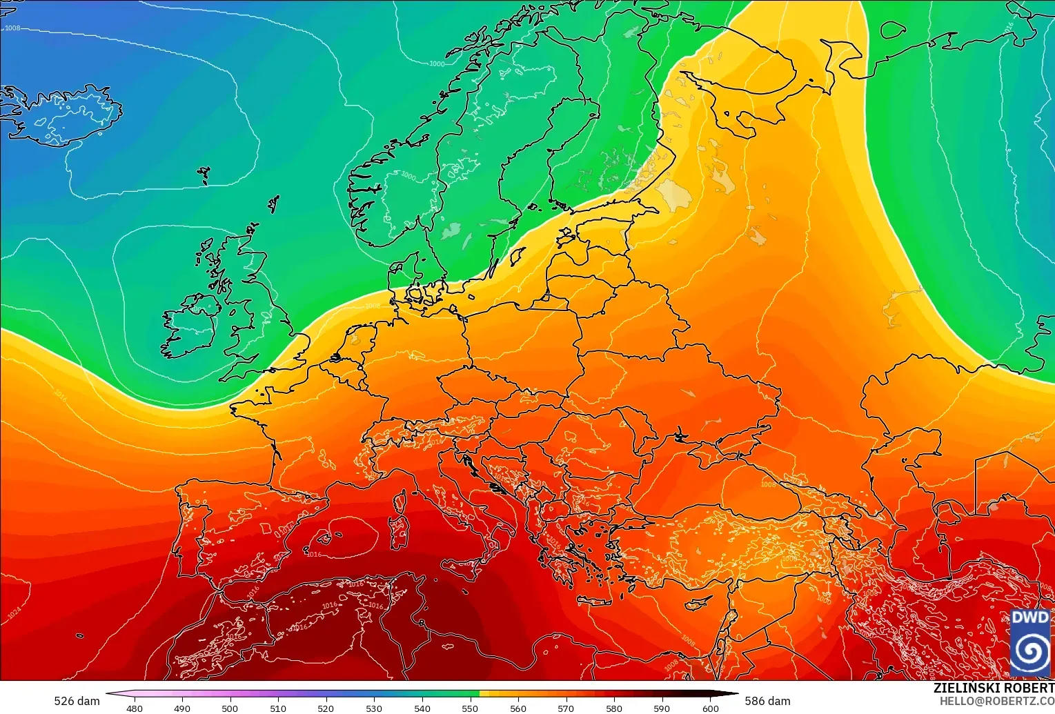 ICON modelo - Europa, Altura geopotencial a 500 hPa