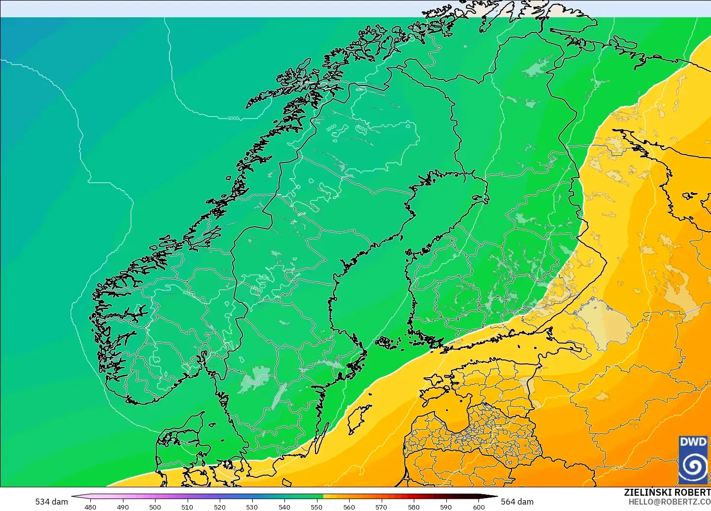 ICON modelo - Escandinavia, Altura geopotencial a 500 hPa