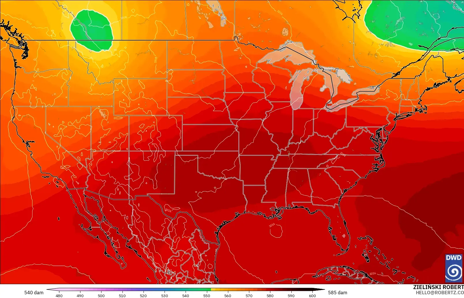 ICON modelo - Estados Unidos, Altura geopotencial a 500 hPa