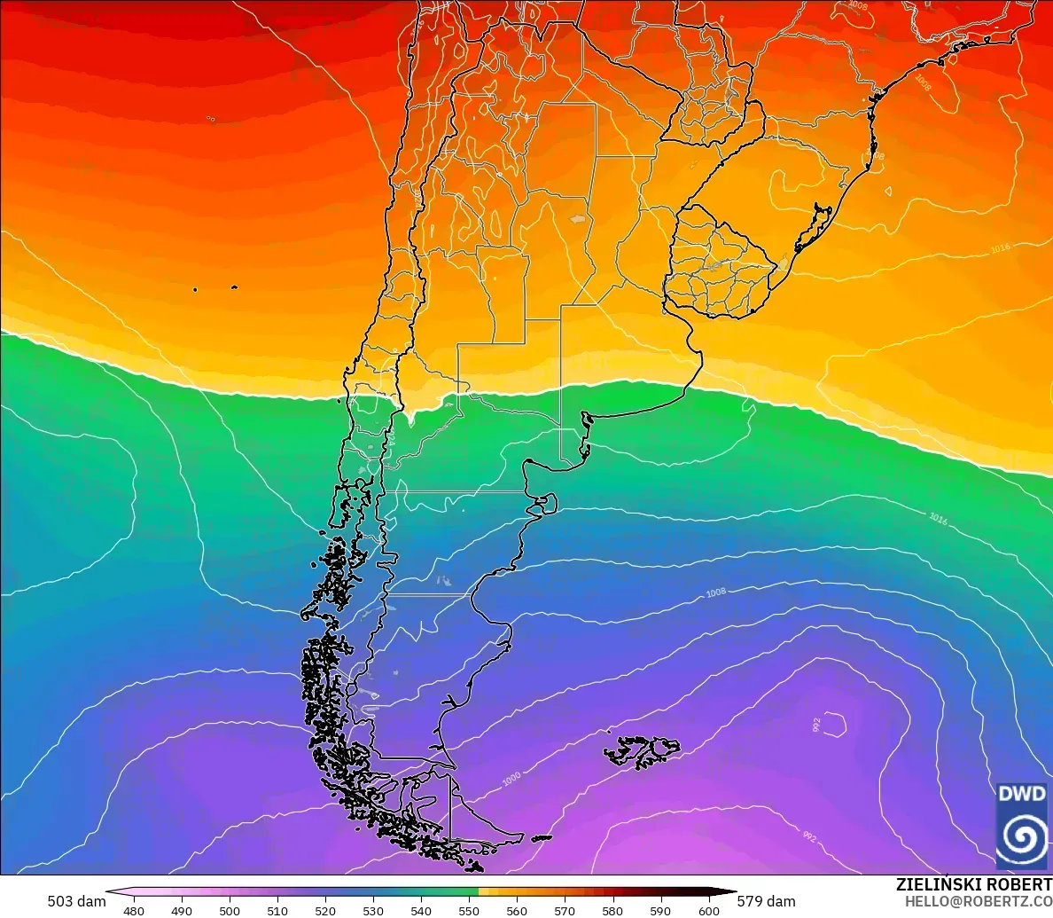 ICON modelo - Argentina, Altura geopotencial a 500 hPa