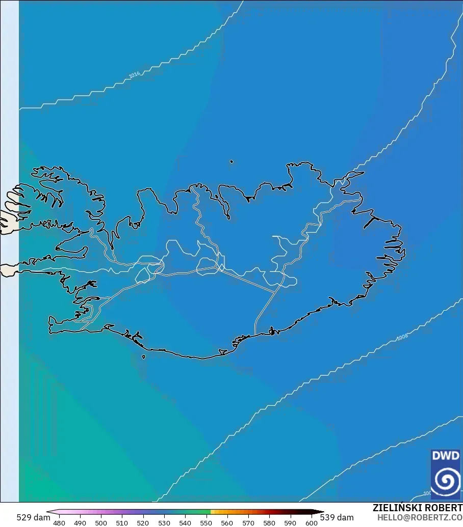 ICON modelo - Islandia, Altura geopotencial a 500 hPa