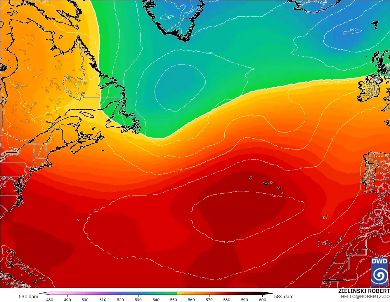 ICON modelo - Norte Atlántico, Altura geopotencial a 500 hPa