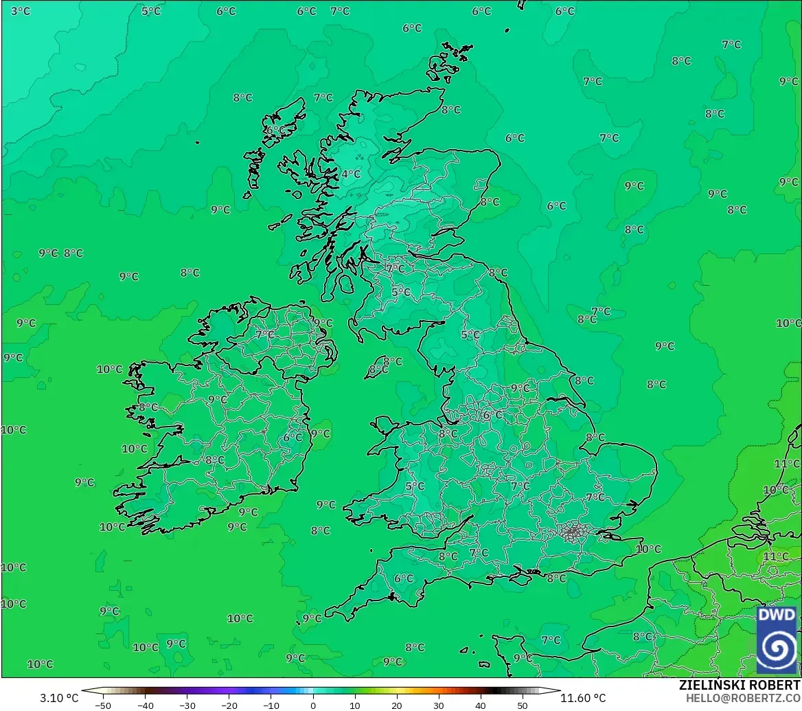 ICON modelo - Reino Unido, Temperatura a 850 hPa