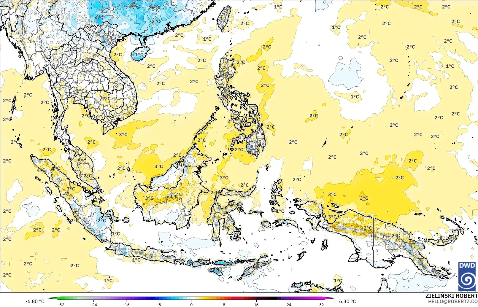 ICON modelo - Sudeste Asiático, Anomalía de temperatura a 2 m