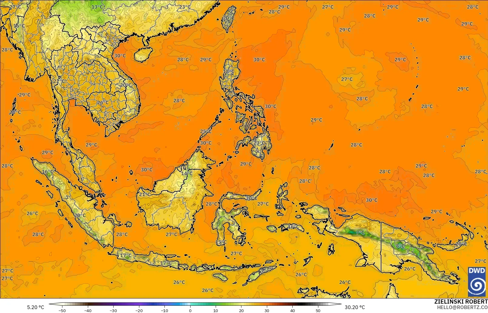 ICON modelo - Sudeste Asiático, Temperatura a 2 m
