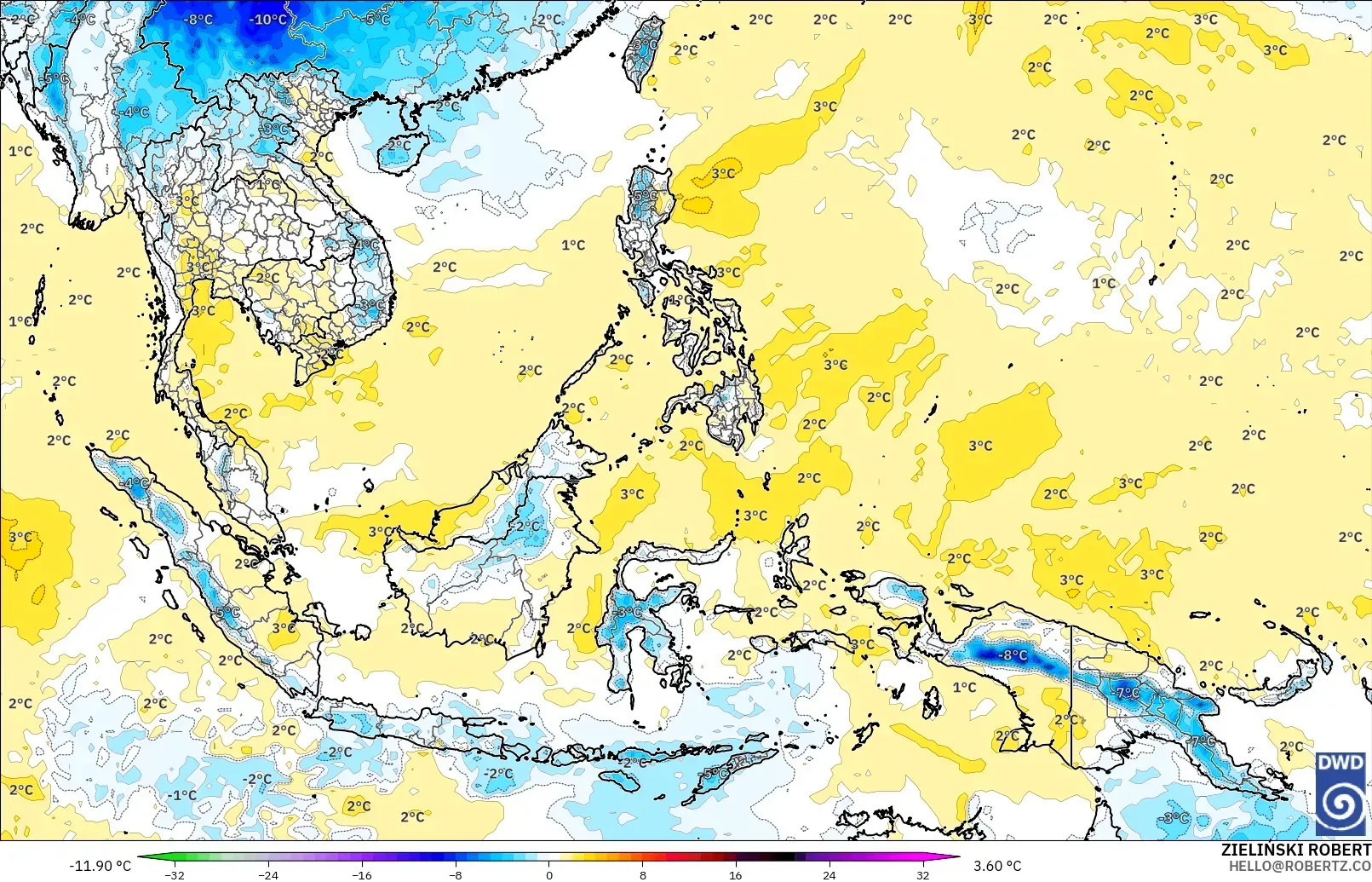ICON modelo - Sudeste Asiático, Anomalía de temperatura a 850 hPa