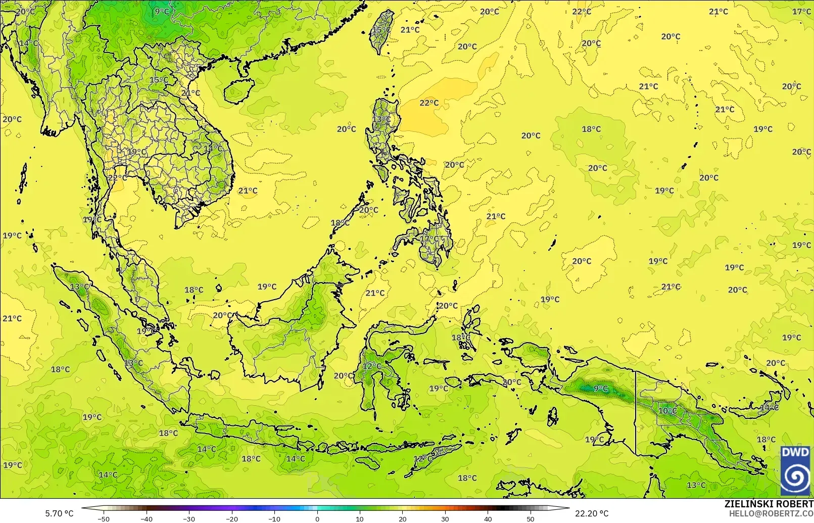ICON modelo - Sudeste Asiático, Temperatura a 850 hPa