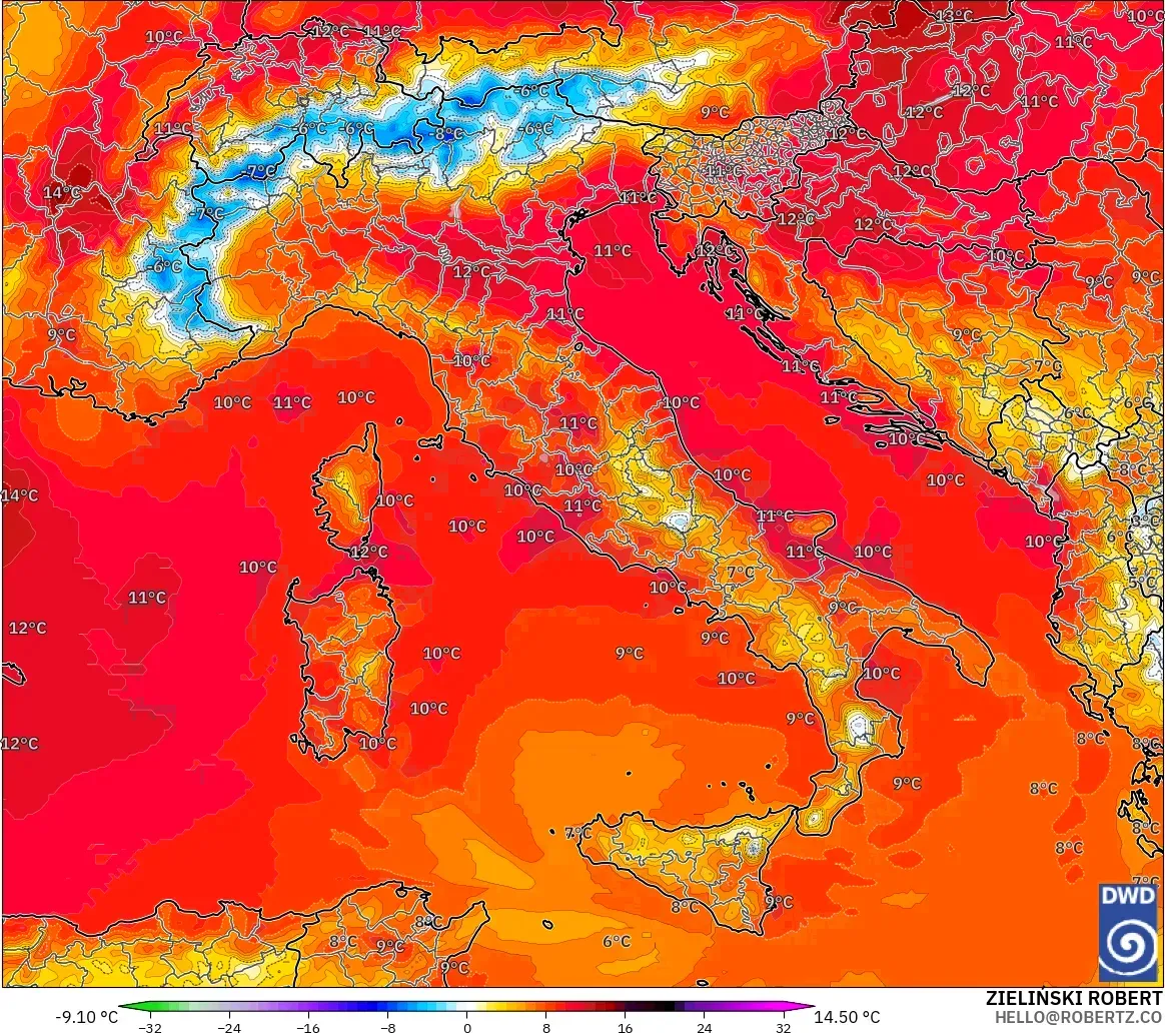 ICON modelo - Italia, Anomalía de temperatura a 850 hPa