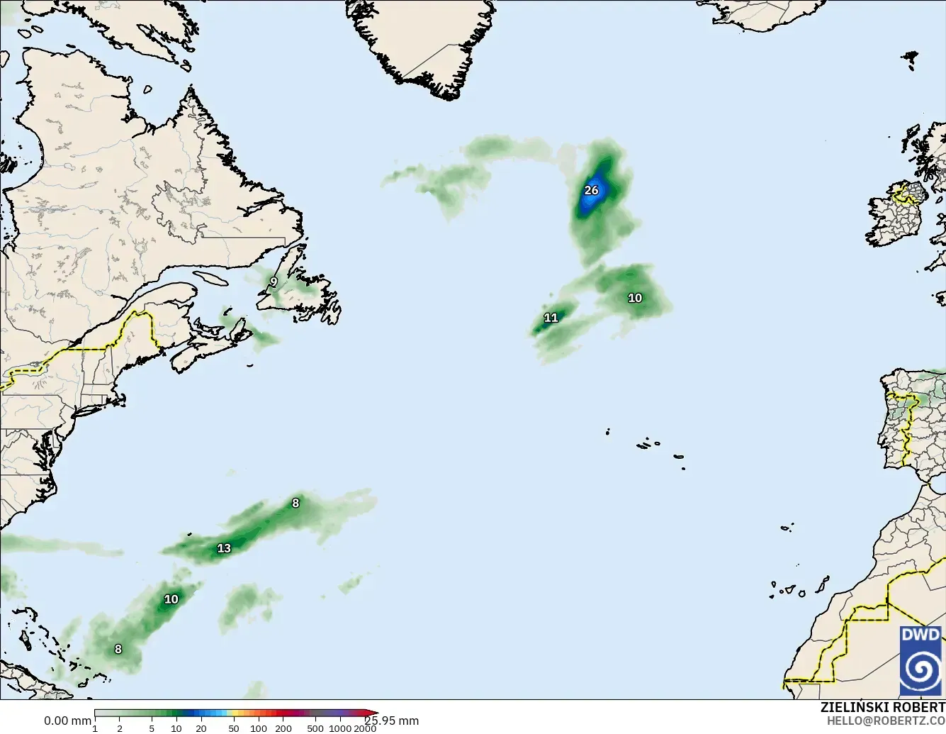 ICON modelo - Norte Atlántico, Acumulación de precipitación