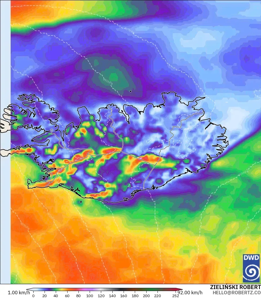ICON modelo - Islandia, Ráfagas de viento