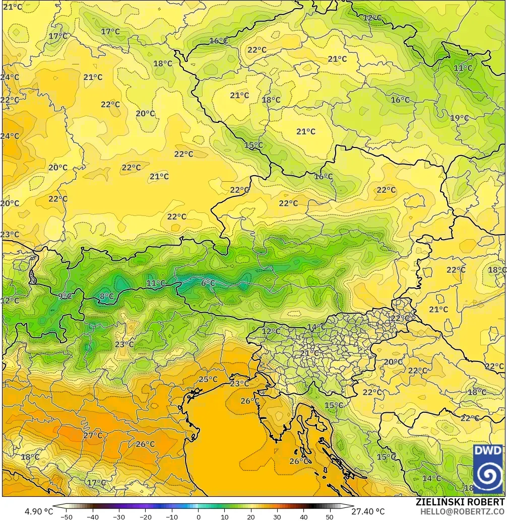 ICON modelo - Austria, Temperatura a 2 m