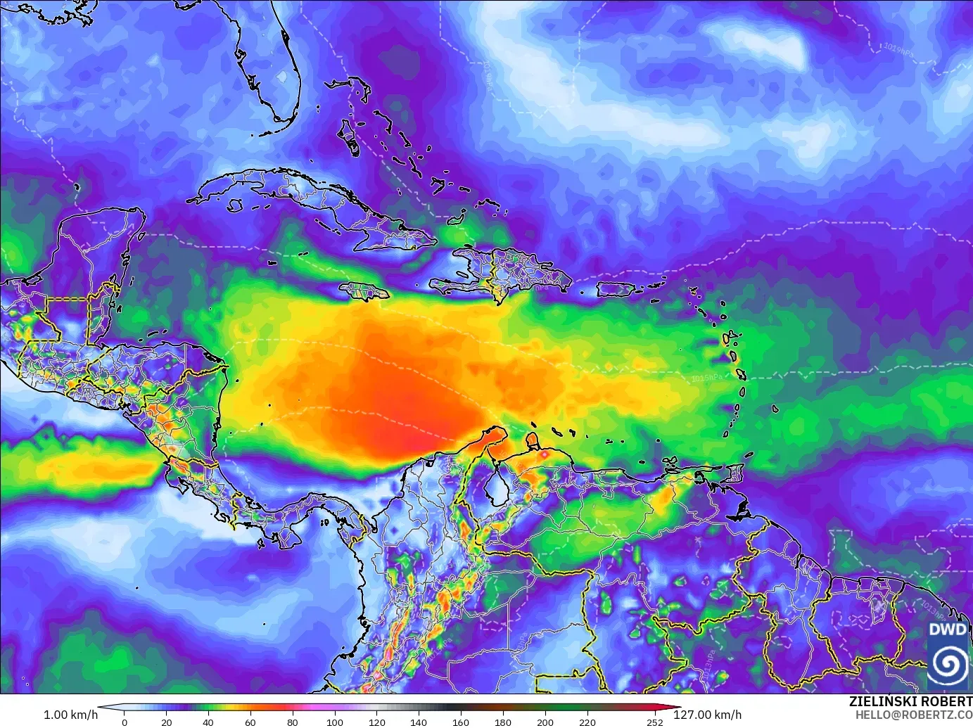 ICON modelo - Caribe, Ráfagas de viento
