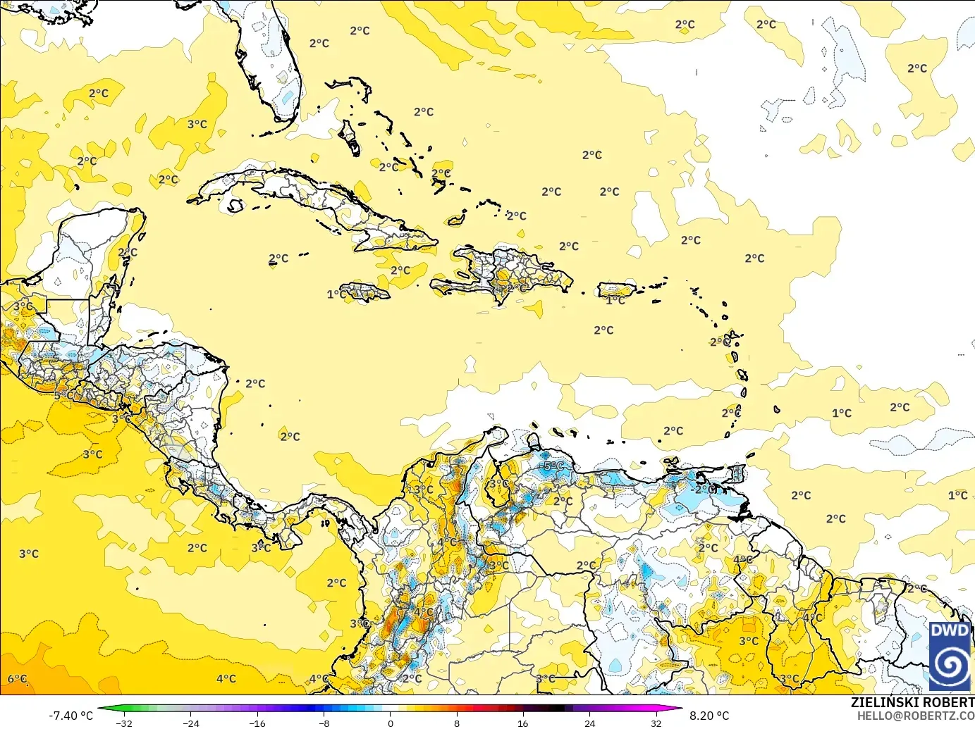 ICON modelo - Caribe, Anomalía de temperatura a 2 m