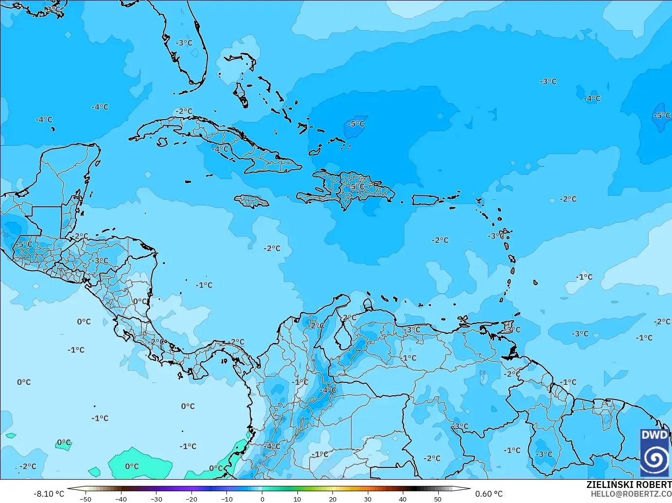 ICON modelo - Caribe, Temperatura a 500 hPa