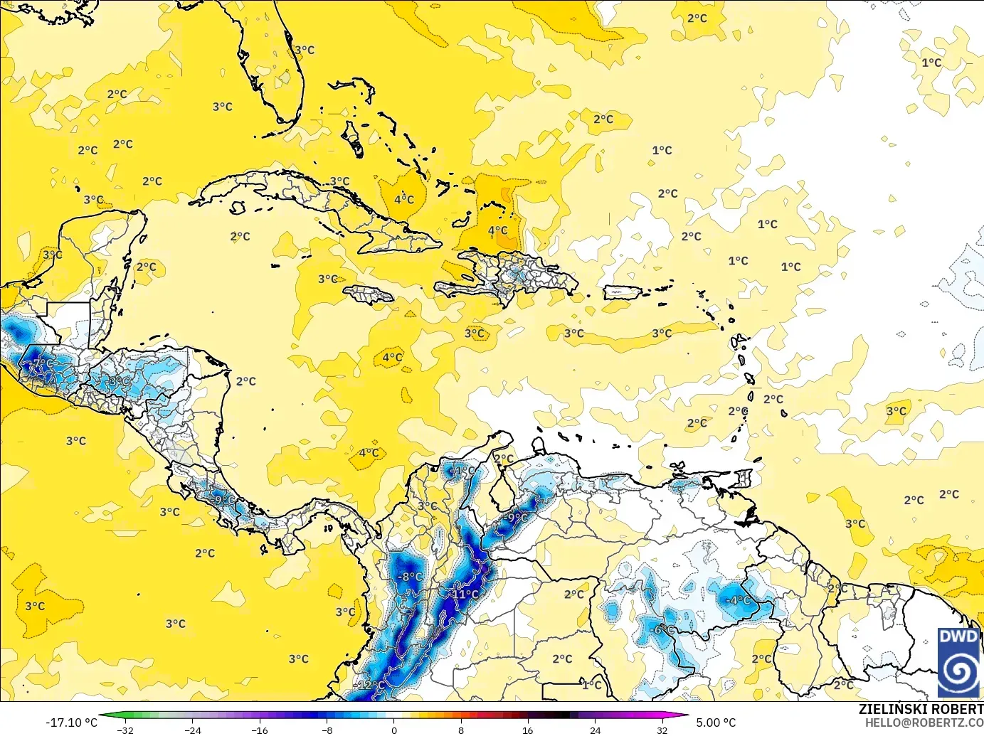 ICON modelo - Caribe, Anomalía de temperatura a 850 hPa