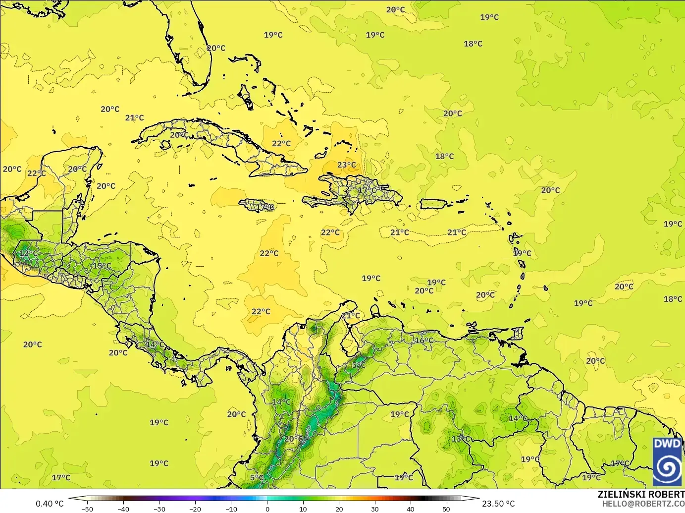 ICON modelo - Caribe, Temperatura a 850 hPa