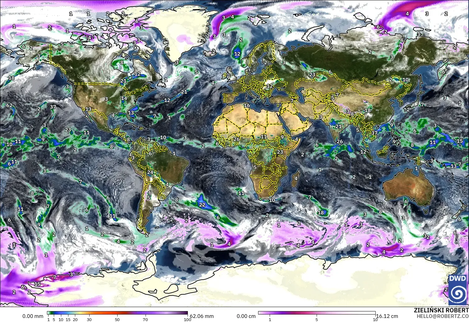 ICON modelo - Mundo, Precipitación, nubes y presión