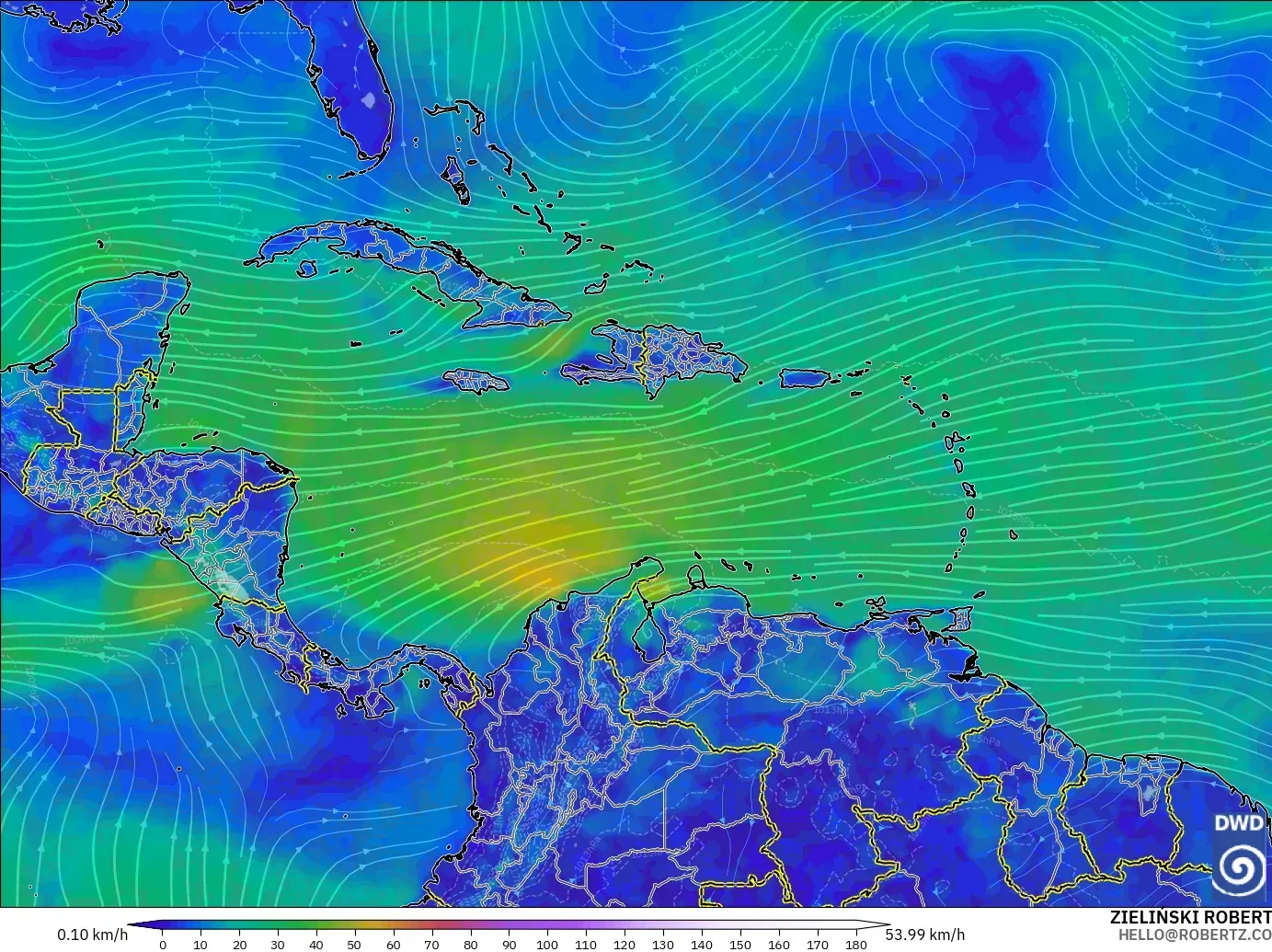 ICON modelo - Caribe, Viento a 10 m