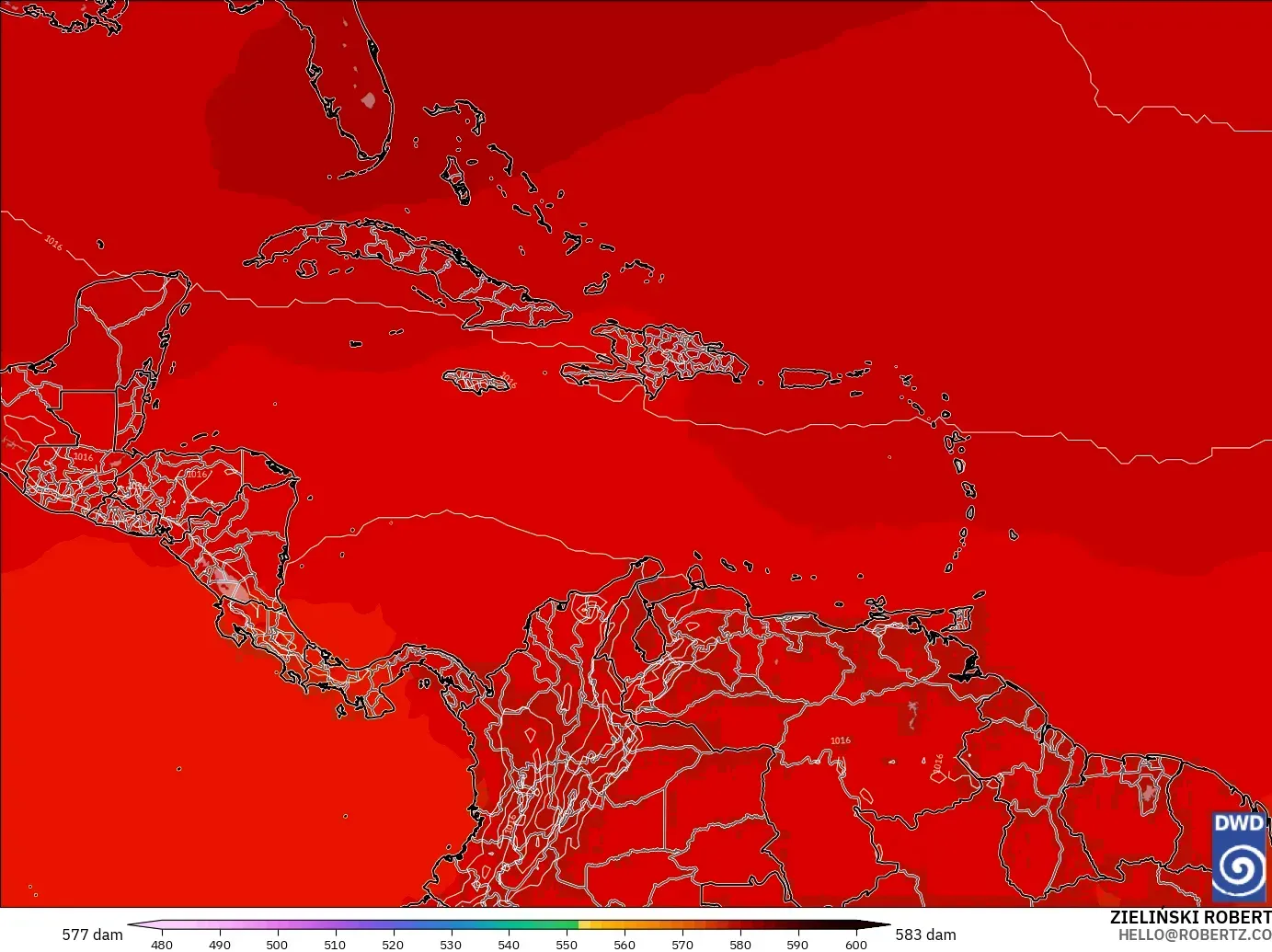 ICON modelo - Caribe, Altura geopotencial a 500 hPa