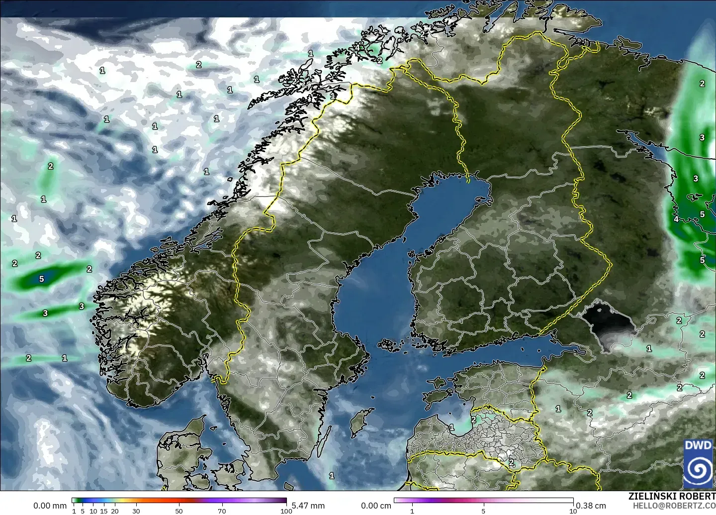 ICON modelo - Escandinavia, Precipitación, nubes y presión