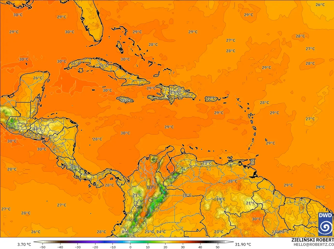 ICON modelo - Caribe, Temperatura a 2 m