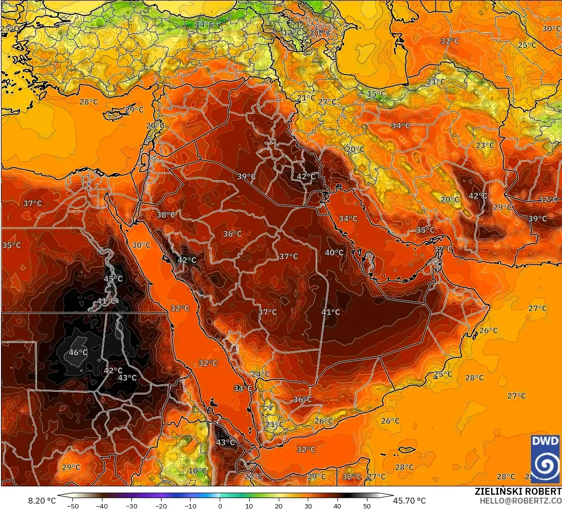 ICON modelo - Oriente Medio, Temperatura a 2 m