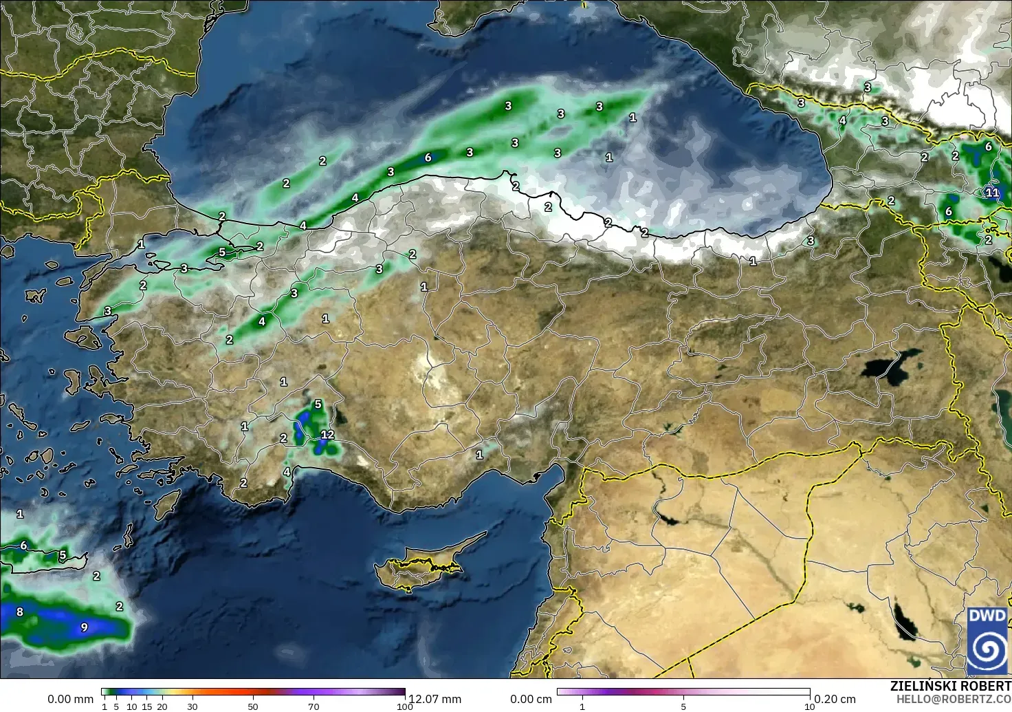 ICON modelo - Turquía, Precipitación, nubes y presión