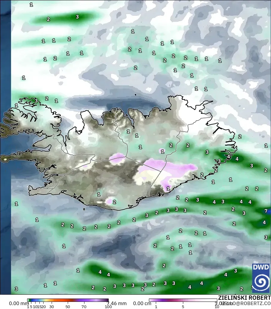 ICON modelo - Islandia, Precipitación, nubes y presión