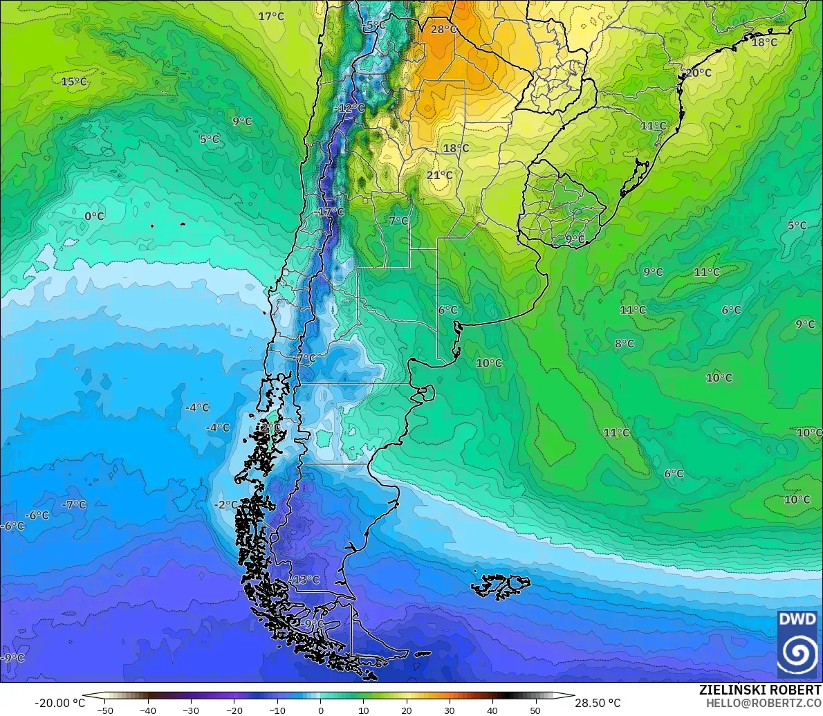 ICON modelo - Argentina, Temperatura a 850 hPa
