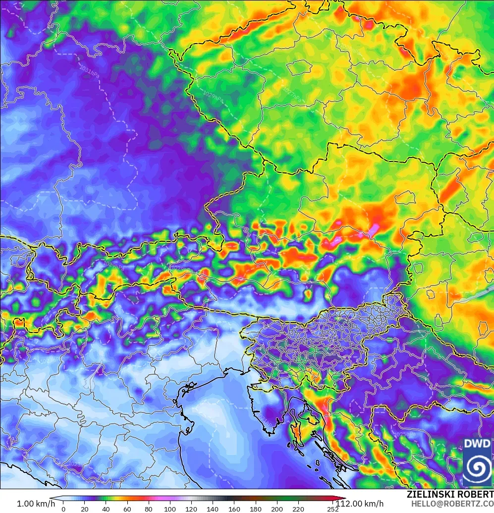 ICON modelo - Austria, Ráfagas de viento