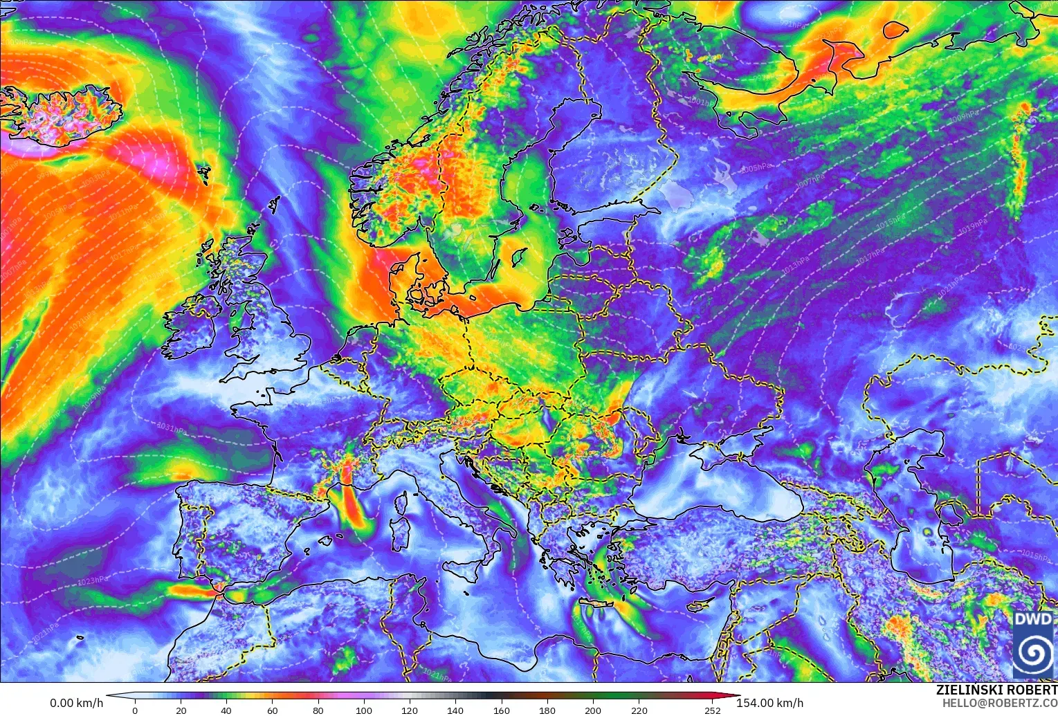 ICON modelo - Europa, Ráfagas de viento