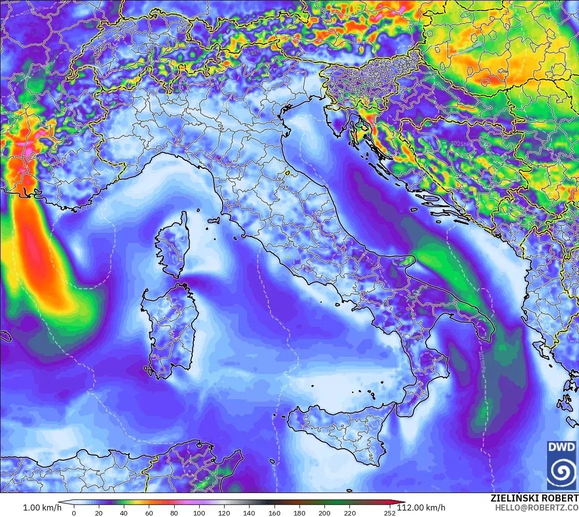 ICON modelo - Italia, Ráfagas de viento