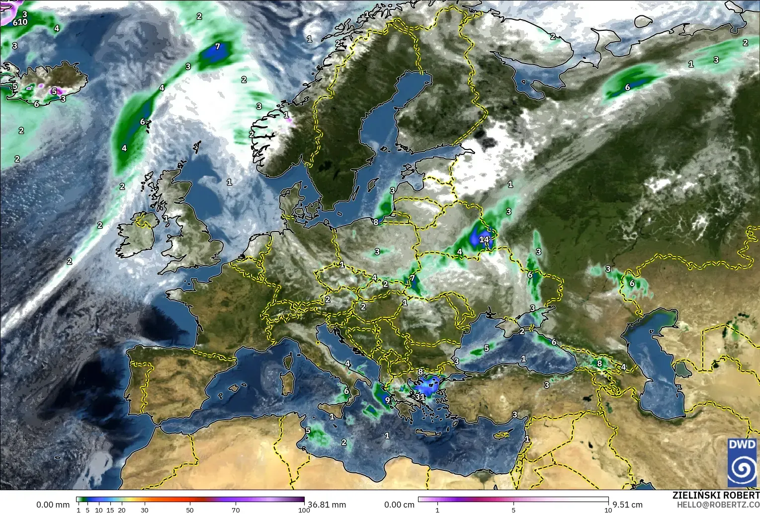 ICON modelo - Europa, Precipitación, nubes y presión