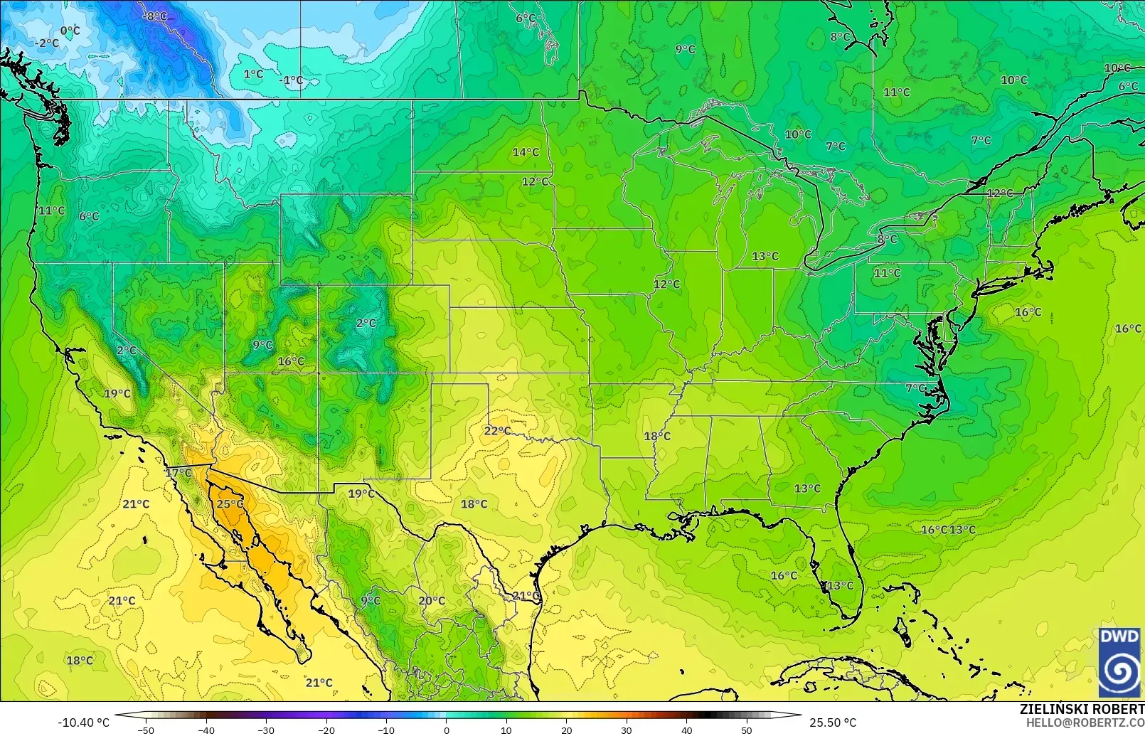 ICON modelo - Estados Unidos, Temperatura a 850 hPa
