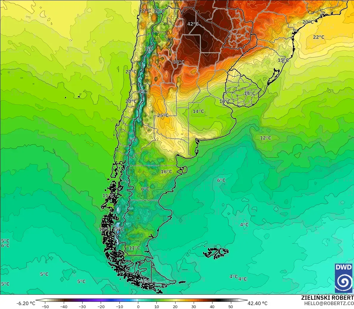 ICON modelo - Argentina, Temperatura a 2 m