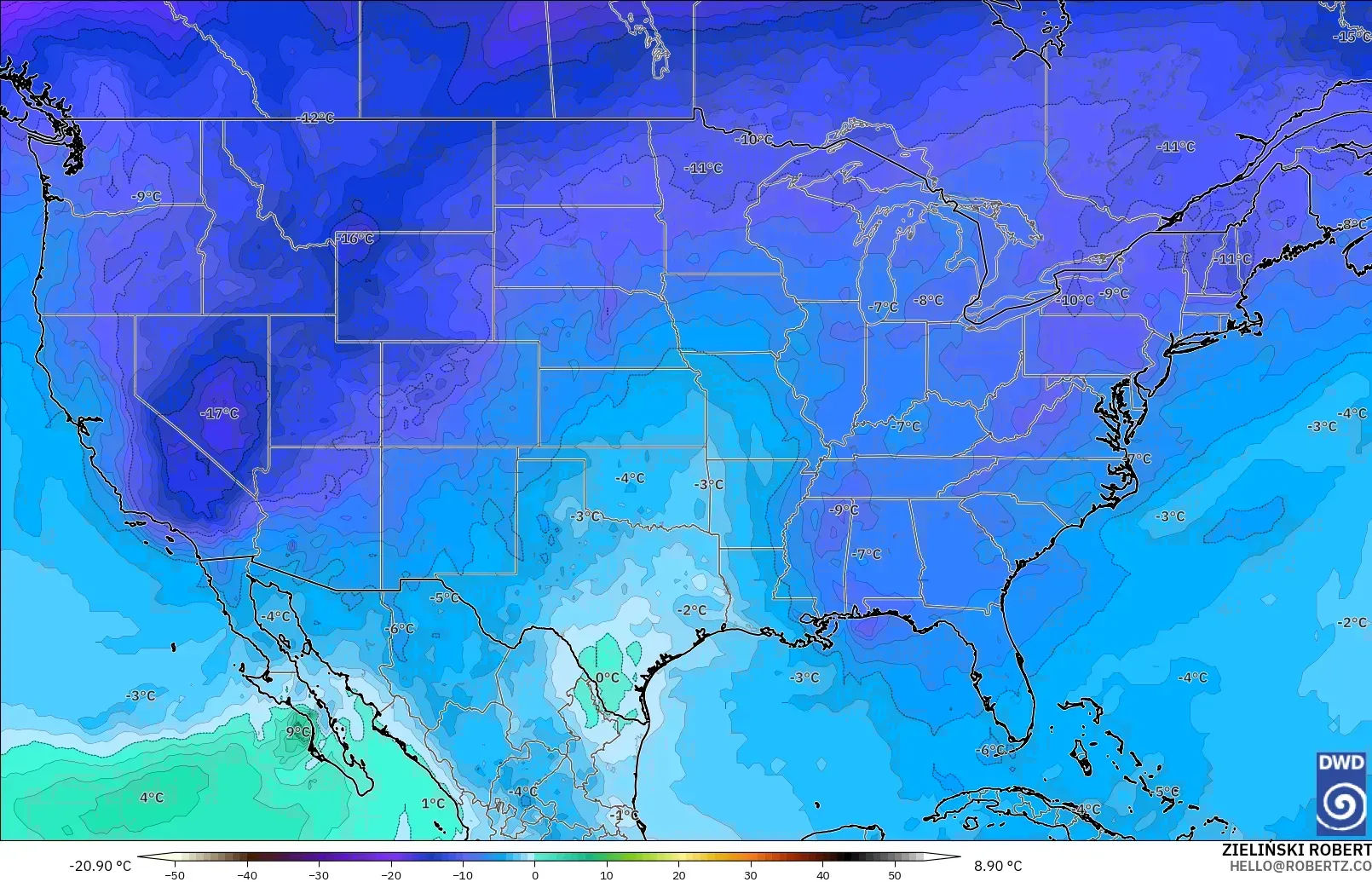 ICON modelo - Estados Unidos, Temperatura a 500 hPa