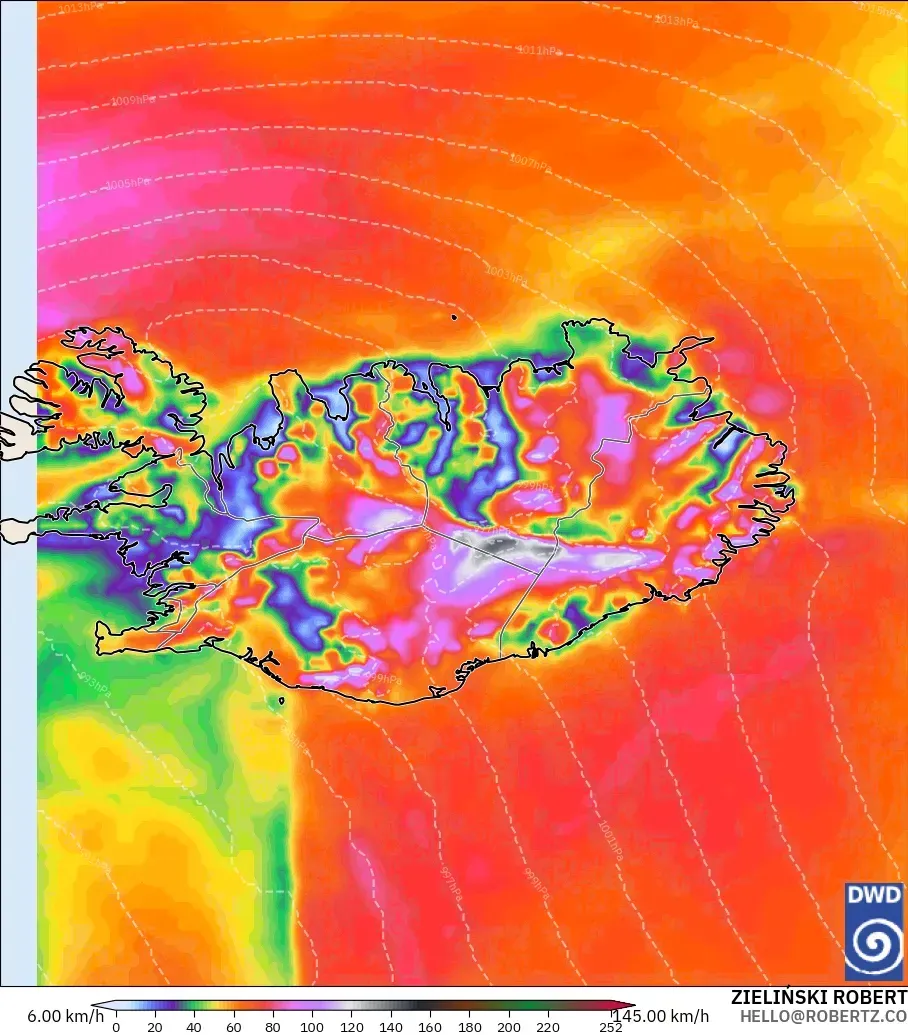 ICON modelo - Islandia, Ráfagas de Viento Máximas