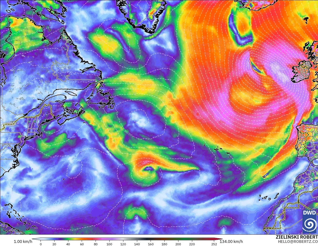 ICON modelo - Norte Atlántico, Ráfagas de Viento Máximas